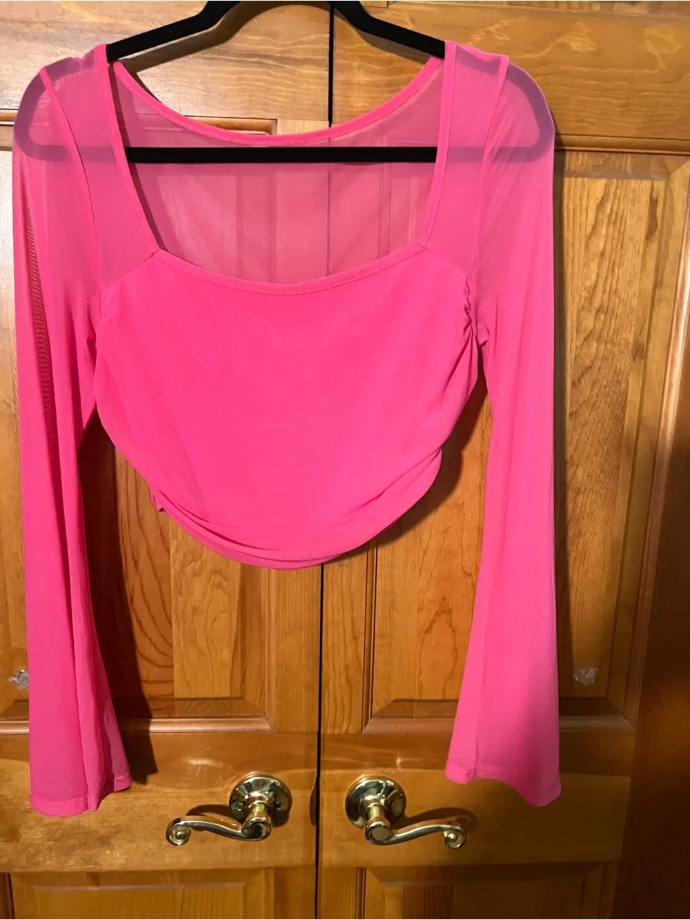SHEIN Hot Pink Sheer Long-Sleeve Crop Top
